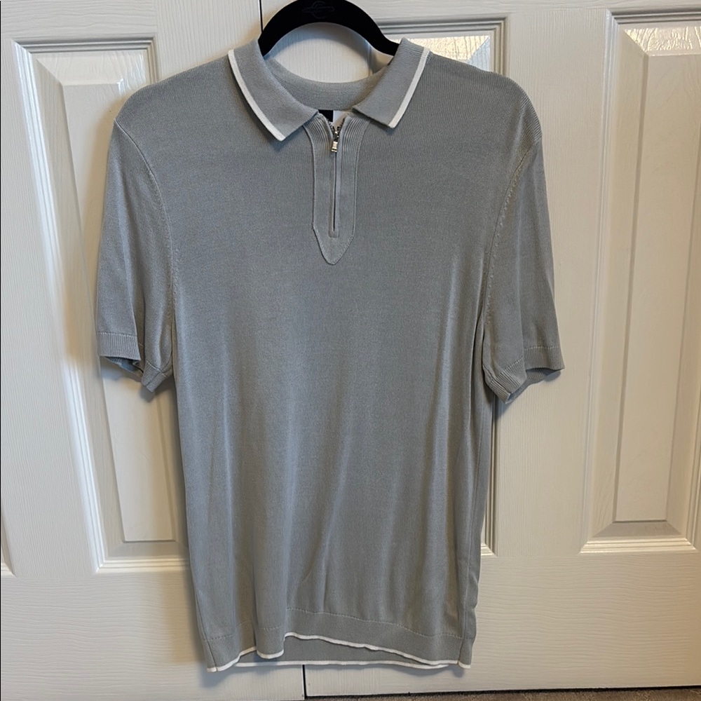 Men's Gray Topman Zip Polo Shirt with White Trim